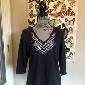 Black V-Neck Top with Silver Embellishments